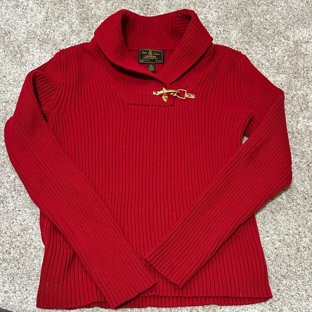 Ralph Lauren Red Cowl Neck Sweater with Gold Clasp